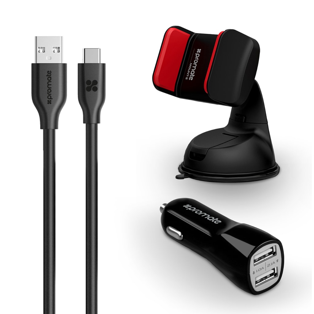 Promate 3In1 Car Kit, Potable 3.1A Dual USB Fast Car Charger Adapter