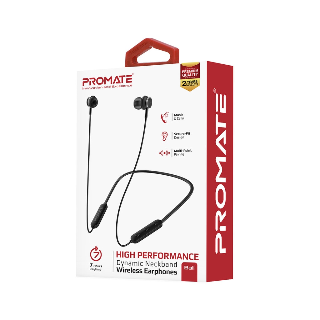 Promate Wireless Earphones, Dynamic Neckband Bluetooth v5.0 Magnetic Closure Secure Fit Headphones with Built-In Hi-Res Mic, In-Line Multifunctional Control and Long Playtime for Smartphones, Running, Tablet, iPod, Bali Black