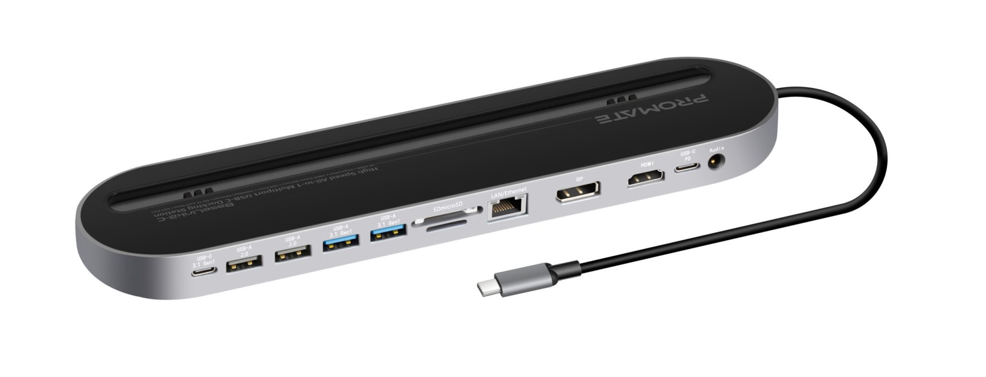 Promate USB-C Hub, 12-In-1 Type-C Adapter with 100W USB-C Power Delivery, 4K HDMI, Ethernet Port, TF/SD Card Slot, Type-C Data Port, 4 USB Port, Display Port, AUX and Built-In Tablet Stand, BaseLink2-C