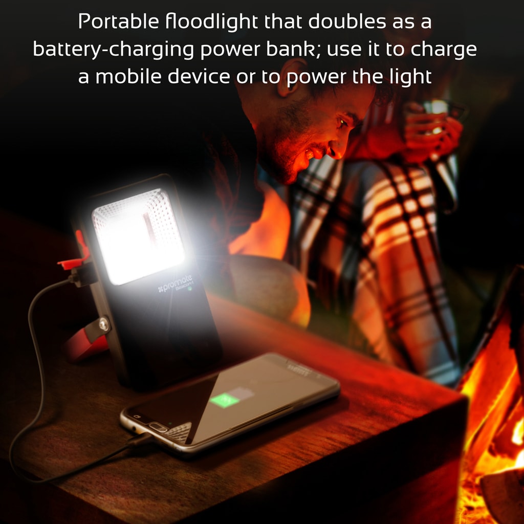 Promate LED Flood Light, Ultra-Bright Wireless LED Flood Light with 5400mAh Rechargeable Power Bank with IP54 Water and Dust Resistance, Foldable Stand for Emergency, Hiking, Camping, Beacon-1.Black