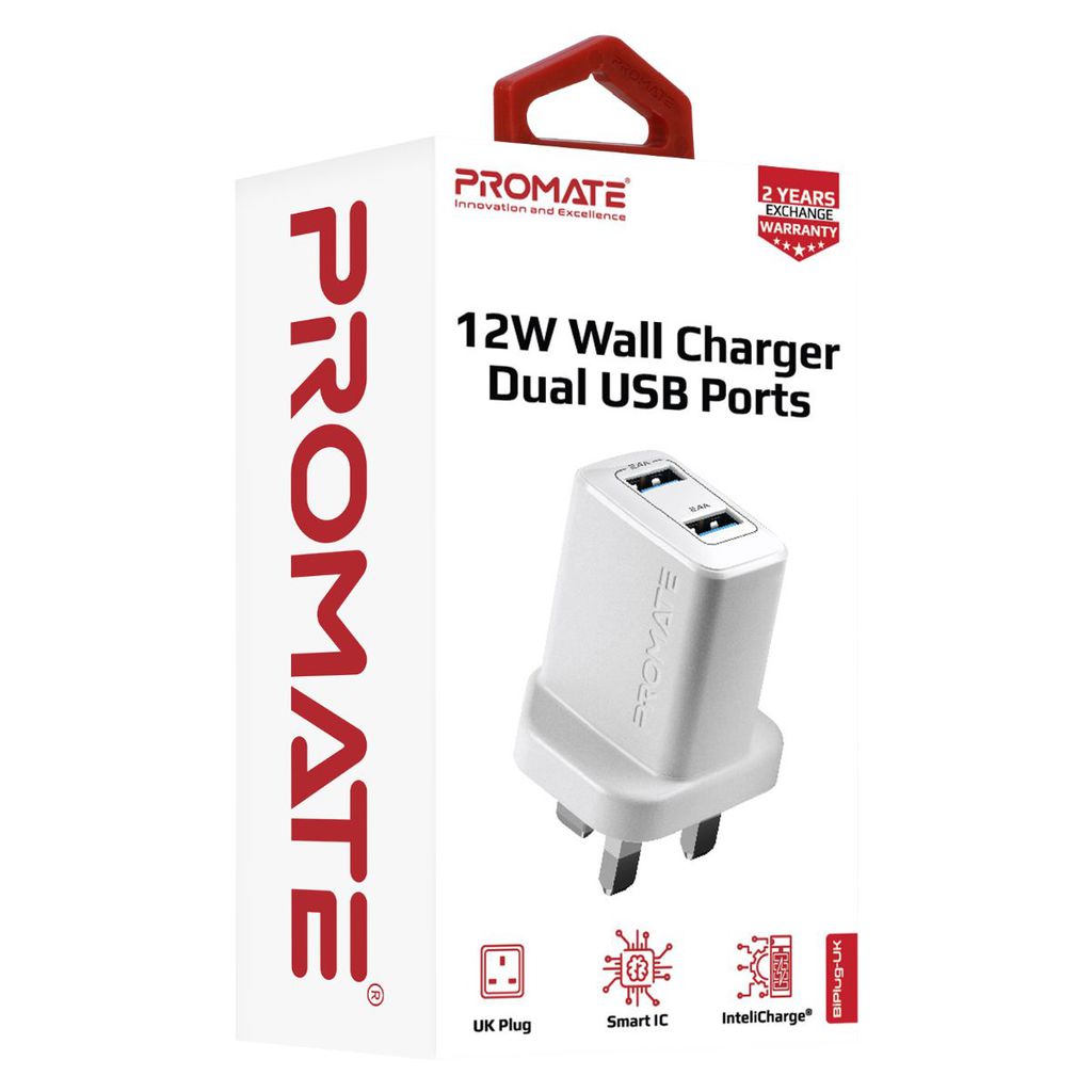 Promate 12W USB Power Adapter, Ultra-Fast Universal 2.4A Dual USB Port Travel Wall Charger with Adaptive Charging and Automatic Voltage Regulation for Apple iPhone, iPad, Samsung, Huawei, BiPlug White