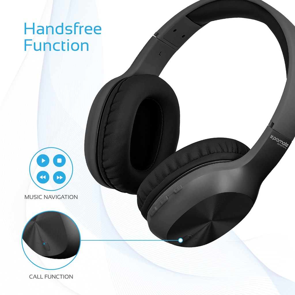 Promate Bluetooth Headphone, Over-Ear Hi-Fi Stereo Wireless Extendable Headset with Built-In Mic, Soft Earpads, Passive Noise Cancellation and Wired Mode for Laptop, Smartphones, TV, PC, Mp3, Symphony Black
