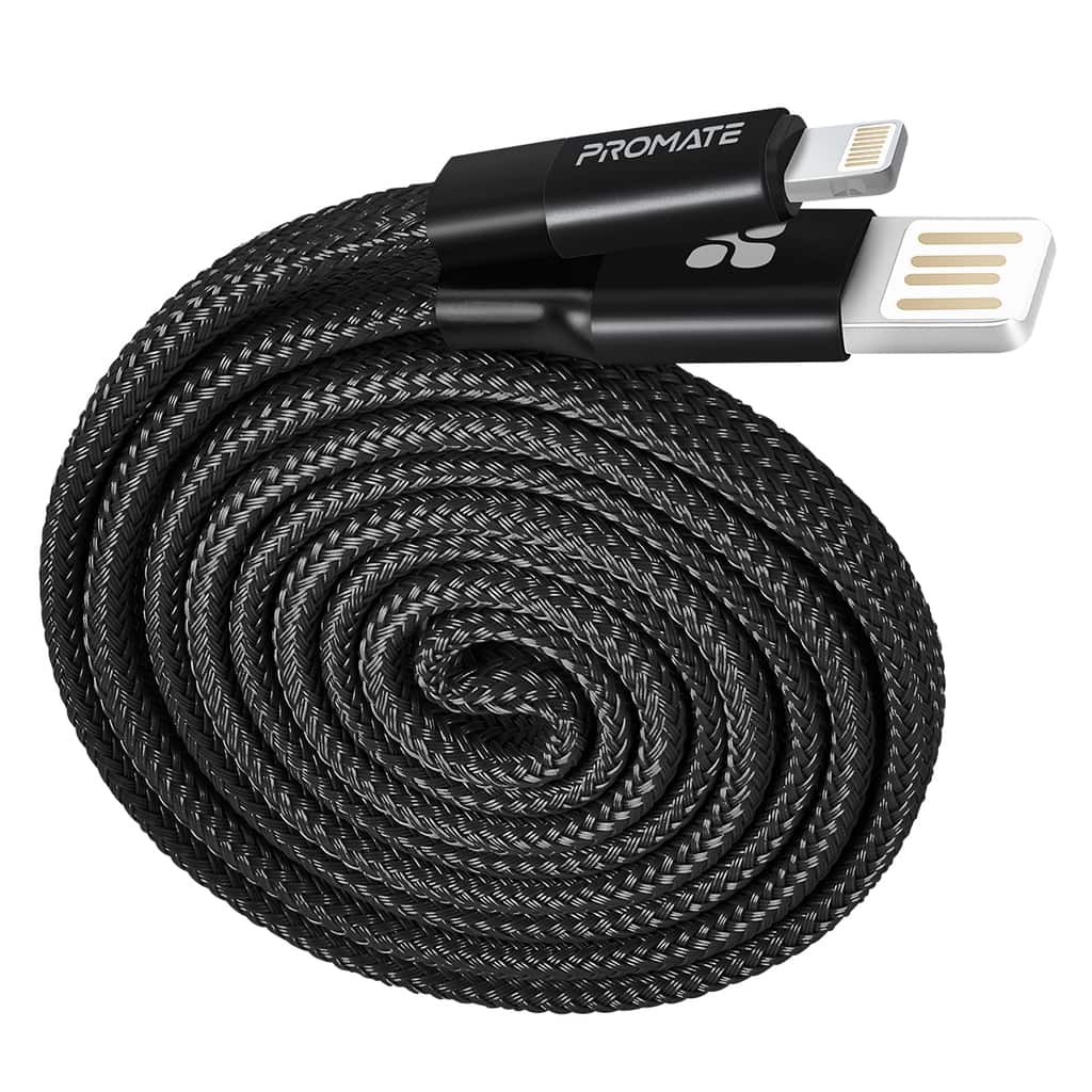 Promate Auto-Rolling Lightning Cable, Durable Aluminium Alloy Auto-Rolling Reversible USB-A to Lighting Cable with 2A Fast Charging and Syncing 1.2m Cord for All Apple Lightning Connector Devices, Coiline-i.Black