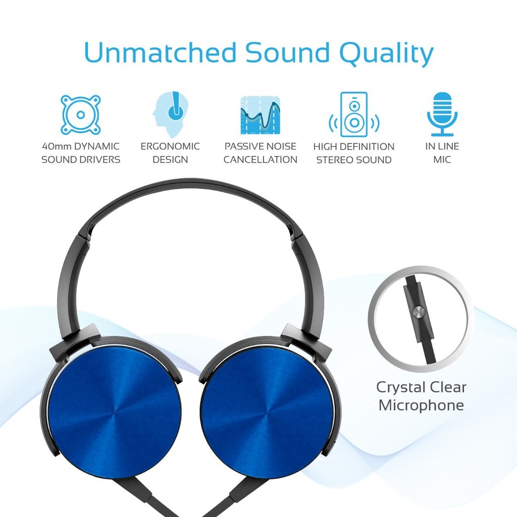 Promate Headphone, Premium Over-Ear Headset with Rotatable Ear-Cups, Built-in Microphone, HD Sound, 3.5mm Audio Jack and Anti-Tangle Wires for Smartphones, Tablets, Mp3, Laptops, Chime Blue