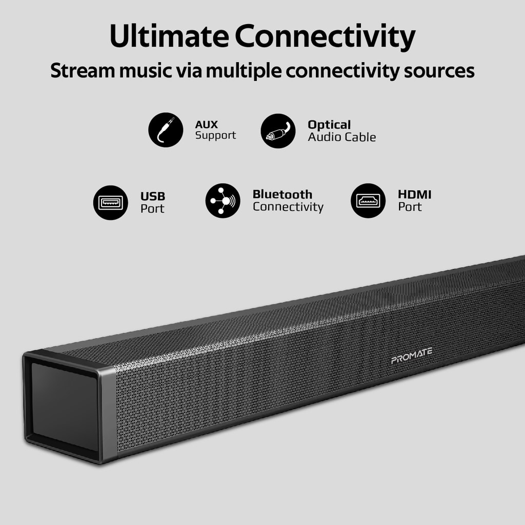 Promate Soundbar Sound System, Premium 20W Bluetooth v5.0 Multipoint Pairing Speaker with Remote Control, 3D Stereo Sound, HDMI (eARC) Support, USB Port, Auxiliary and Optical Input, BluesBar-20