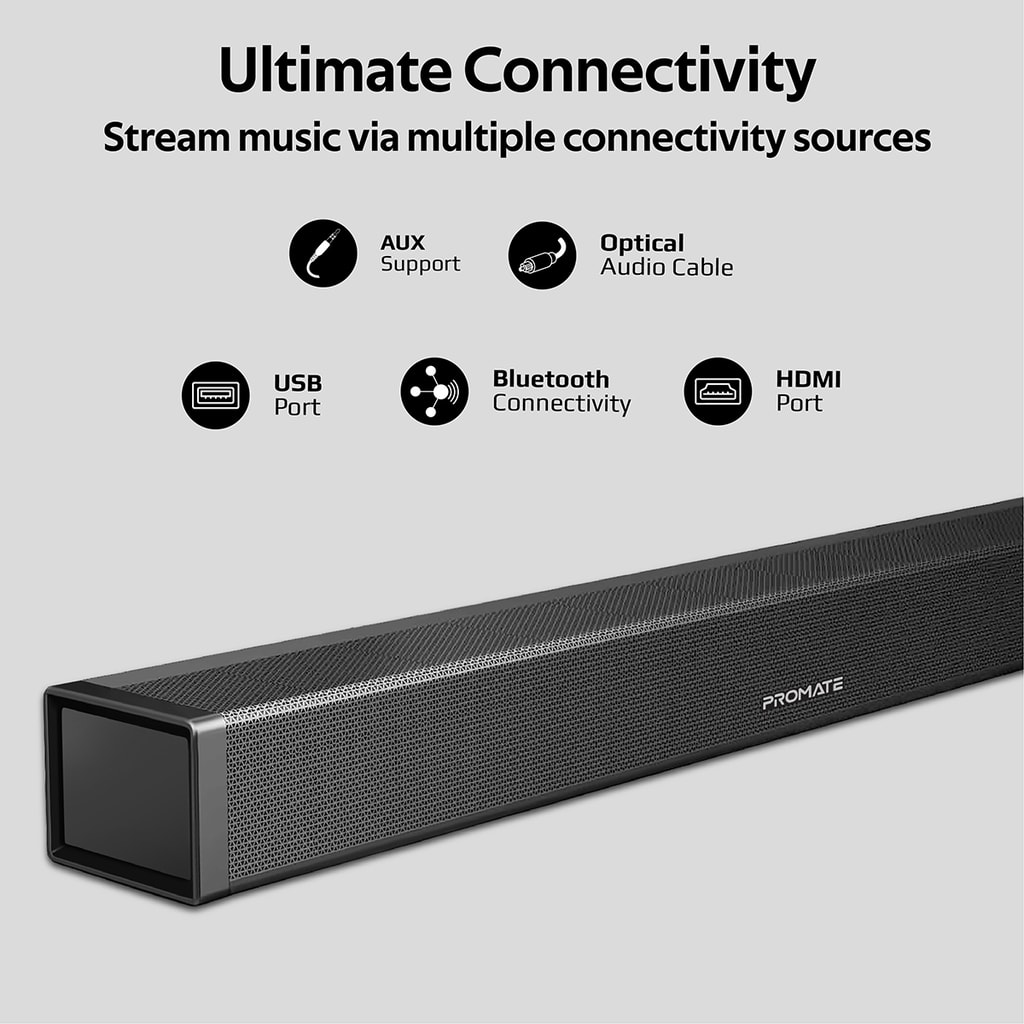 Promate Soundbar Sound System, Premium 40W Bluetooth v5.0 Multipoint Pairing Speaker with Remote Control, 3D Stereo Sound, HDMI (eARC) Support, USB Port, Auxiliary and Optical Input, BluesBar-40
