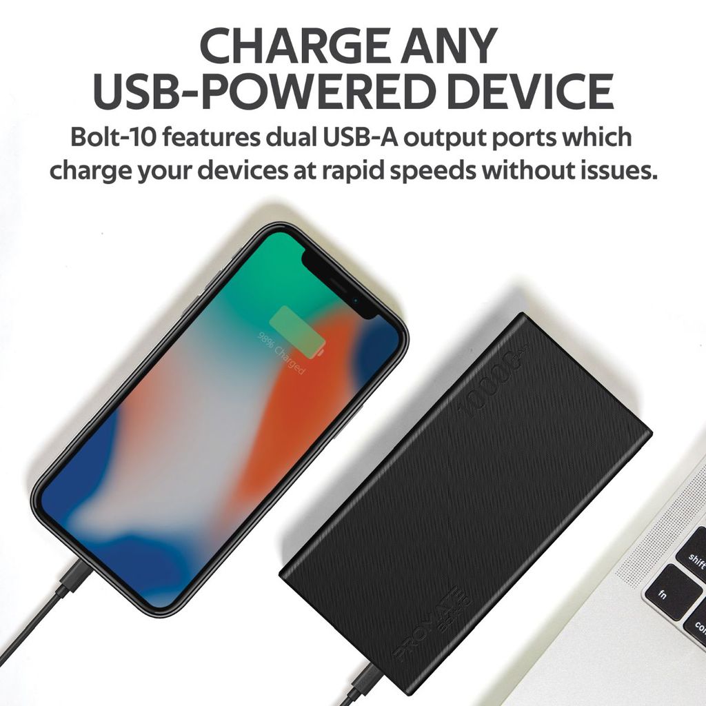 Promate 10000mAh Portable Charger, Fast Charging 2.0A Dual USB Premium Battery Power Bank with Input USB Type-C Port, Over Charging Protection for Smartphones, Tablets, iPod, Bolt-10 Black