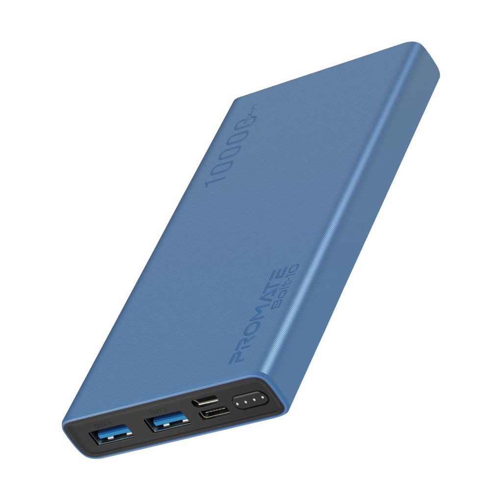Promate 10000mAh Portable Charger, Fast Charging 2.0A Dual USB Premium Battery Power Bank with Input USB Type-C Port, Over Charging Protection for Smartphones, Tablets, iPod, Bolt-10 Blue