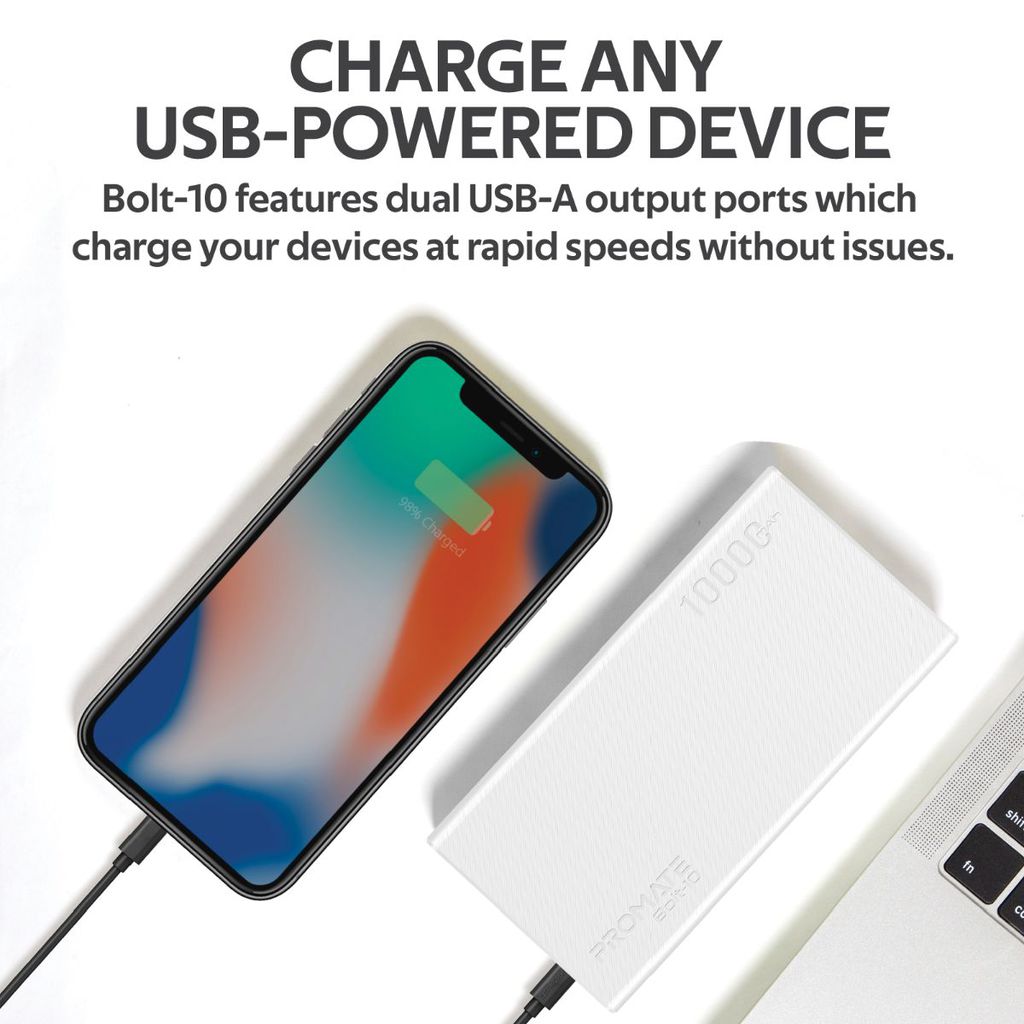 Promate 10000mAh Portable Charger, Fast Charging 2.0A Dual USB Premium Battery Power Bank with Input USB Type-C Port, Over Charging Protection for Smartphones, Tablets, iPod, Bolt-10 White