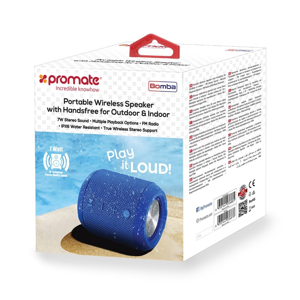 Promate Bluetooth Speaker, Portable True Wireless Stereo Speaker with 7W HD Sound, Built-In Mic, Micro SD Card Slot, In-Line AUX and IPX6 Water Resistant for Indoor, Outdoor, Smartphones, iPod, Bomba Blue