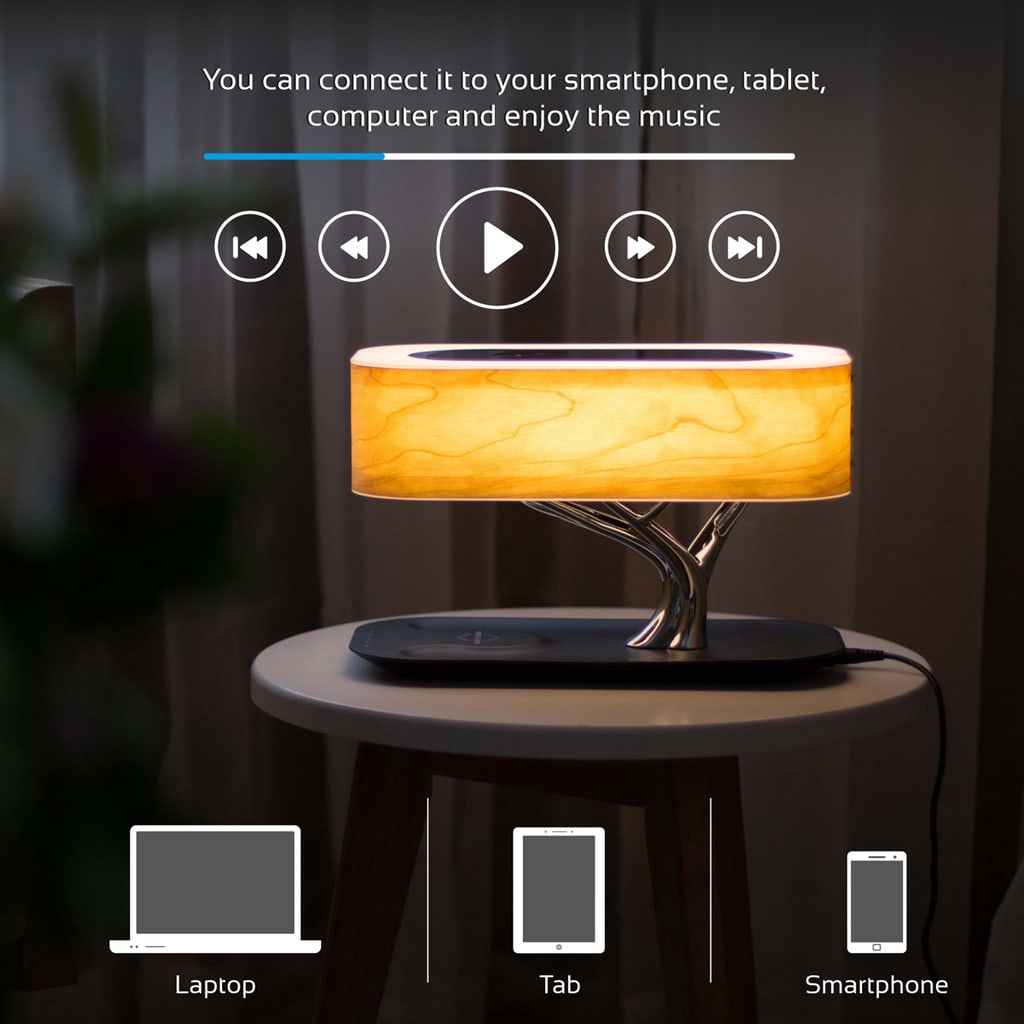Promate LED Night Lamp, Unique Tree Designed Bluetooth Wireless Speaker with Qi Wireless Charging, Storage Tray and Touch Sensor Soothing LED Light for Home, Office, Bluetooth Enabled Devices, Bonsai-Qi.UK