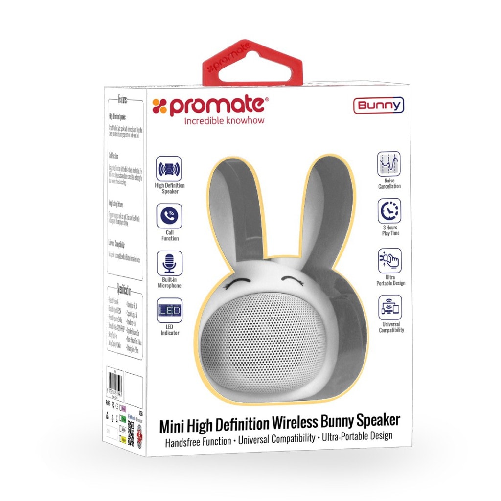Promate Kids Bluetooth Speaker, Portable Wireless Bluetooth V4.1 Speaker with HD Sound Quality, Hands-free call function and Cute Bunny Design for Bluetooth Enabled Devices, Bunny White