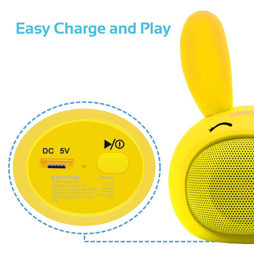 Promate Kids Bluetooth Speaker, Portable Wireless Bluetooth V4.1 Speaker with HD Sound Quality, Hands-free call function and Cute Bunny Design for Bluetooth Enabled Devices, Bunny Yellow