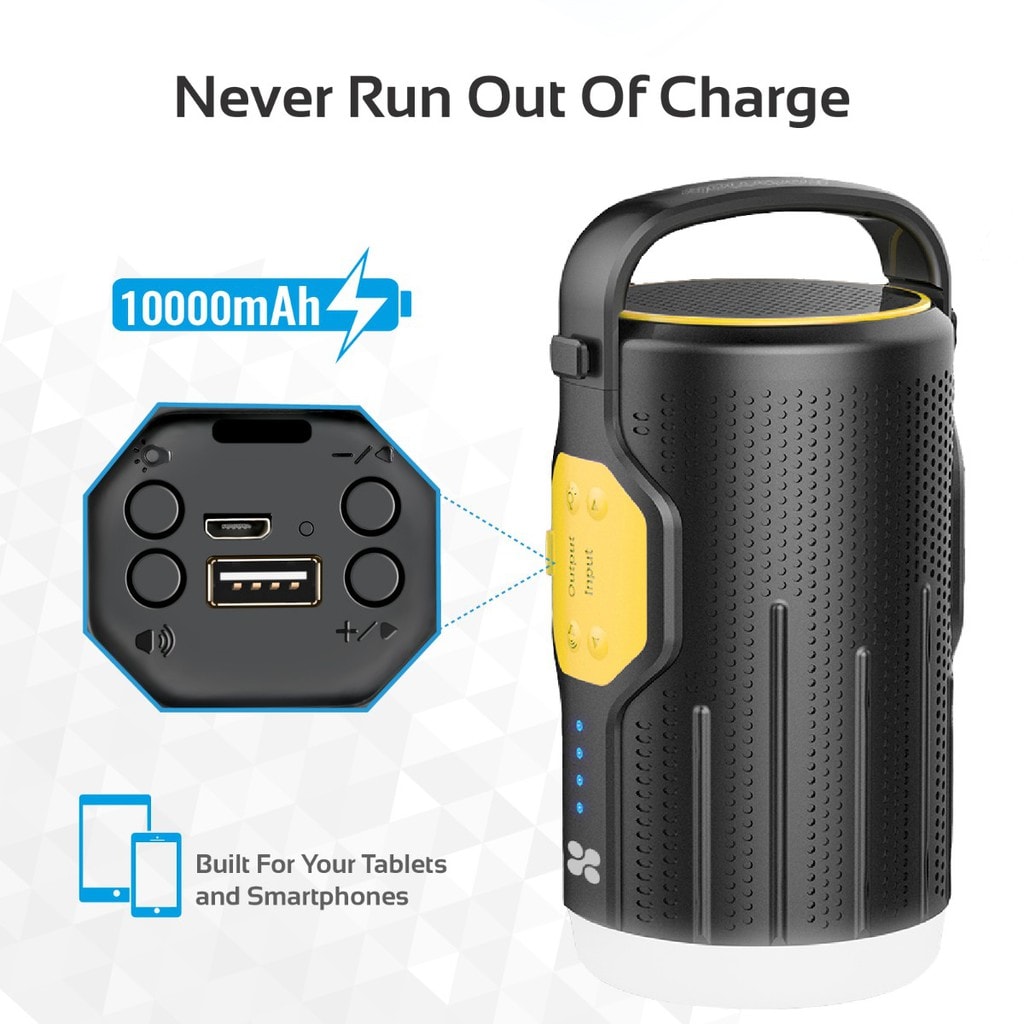 Promate Emergency Lanterns, Portable LED Camping Lantern with Emergency USB Power Bank 10000mAh 5 LED Mode and 5W Wireless Speaker for Hiking, Fishing, Outdoor, Emergency, CampMate-2 Yellow