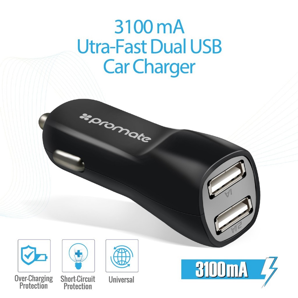 Promate Car Charger, 3.1A Dual USB Port Car Charger with Micro-USB Sync and Charger Cable for Smartphone and Tablets, CarKit-M