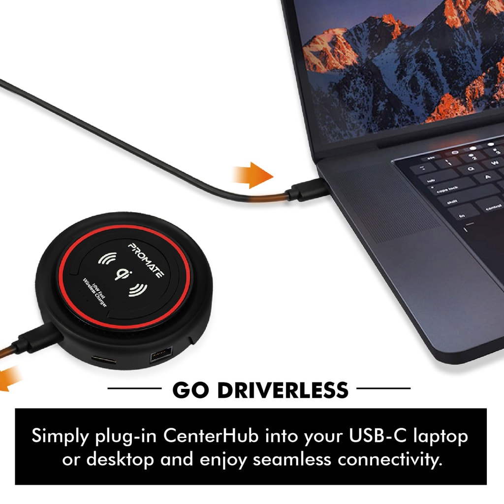 Promate USB C Hub with Qi Wireless Charger, USB Type-C Docking Station with 100W Type-C Power Delivery, HDMI 4K, Dual USB 3.0 Port, 1000Mbps Ethernet Port and Detachable Qi Wireless Charging Pad for Smartphones, Laptop, CenterHub Maroon