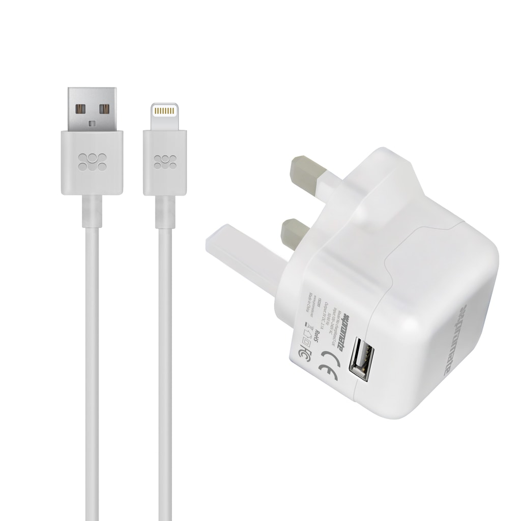Promate Wall Home Charger, Apple MFi Certified, 2.1A, with Lightning to USB Data and Charge Cable, ChargmateLT-UK White