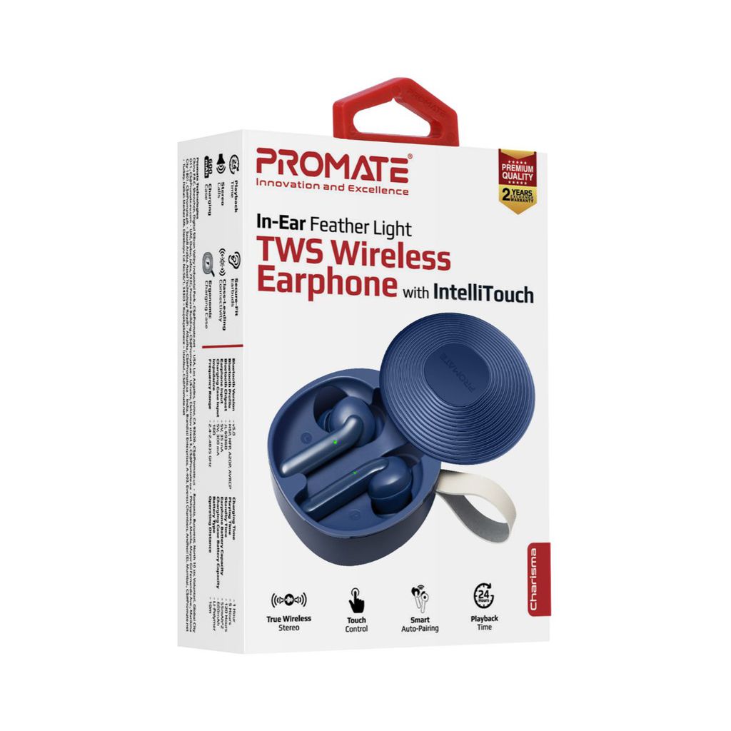 Promate True Wireless Earbuds Bluetooth 5.0 Headphones, Stylish In-Ear TWS Stereo Earphone with Touch Control, Charging Case, Anti-Drop Ear hooks, 24H Playtime and Built-In Mic for iPhone, Samsung, Charisma Blue