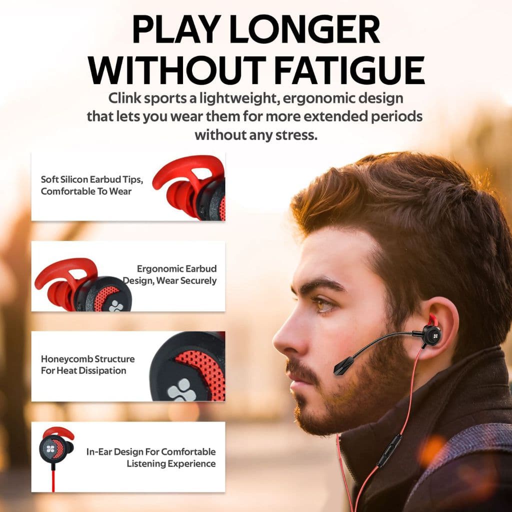 Promate Gaming In-Ear Headphones, High Fidelity Gaming 3.5mm Wired Earphones with Detachable Dual Mic Volume Control and Passive Noise Cancellation Earbuds for Gaming, Smartphone, Tablet, Clink Red