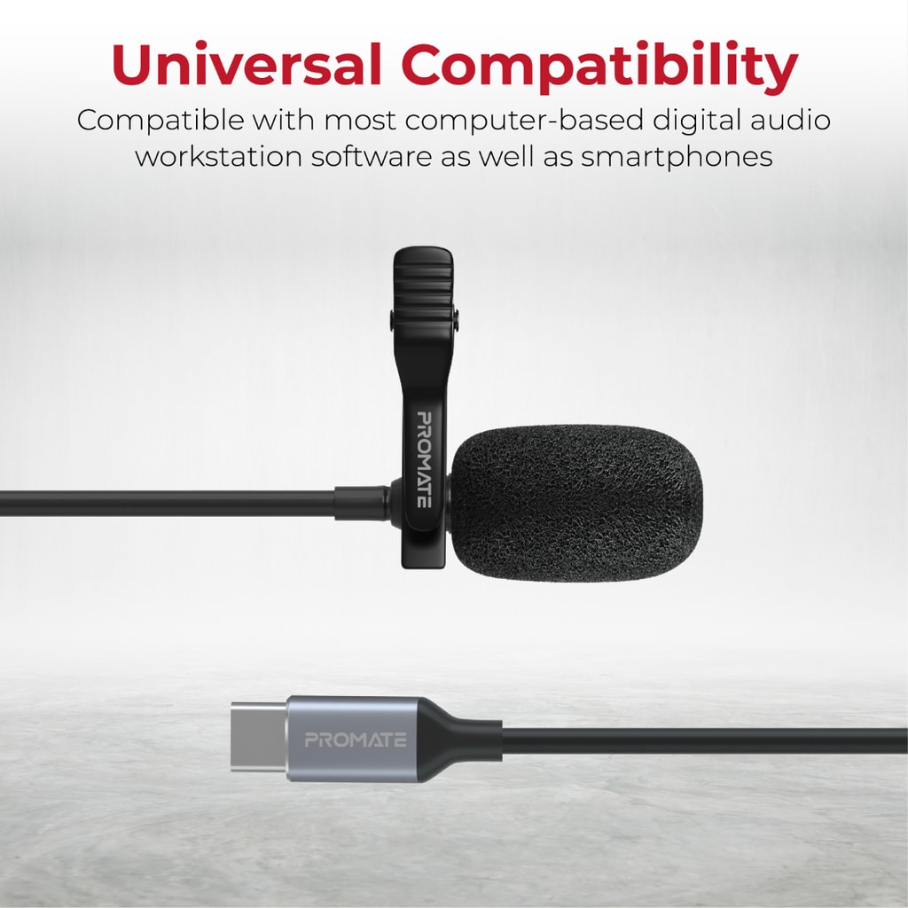 Promate USB Type- C Lavalier Microphone, Omnidirectional Condenser Clip-on Lapel Mic with USB-C Connector, HD Sound and Noise Reduction for Galaxy S21, iPad Pro, iPad Air, Meetings, Interview, ClipMic-C