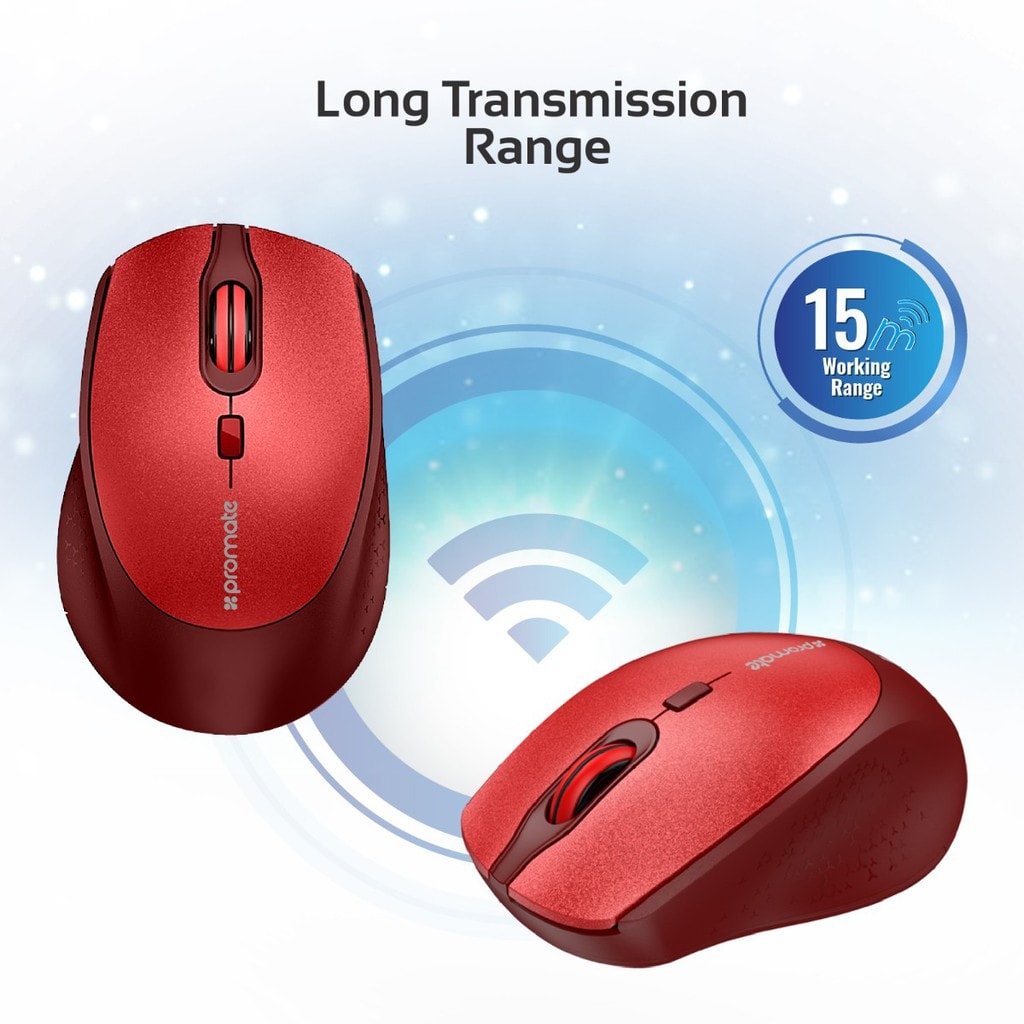 Promate Wireless Mouse, Ergonomic Lightweight 2.4Ghz Wireless Optical Mouse with USB Nano Receiver, 15m Working Ranger, Auto Sleep and Precision Scrolling for PC, Laptop, Tablet, Mac, Clix-5 Red