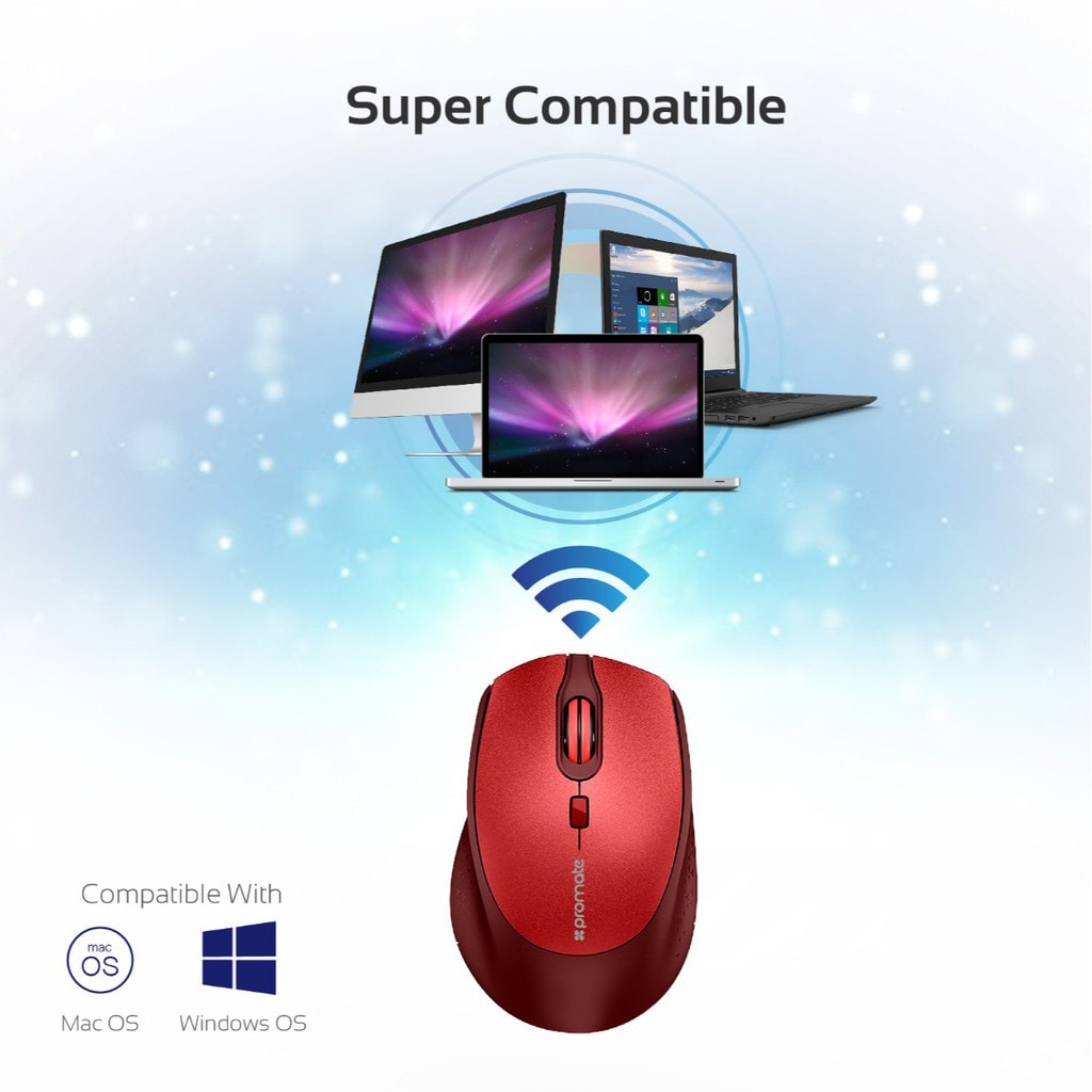 Promate Wireless Mouse, Ergonomic Lightweight 2.4Ghz Wireless Optical Mouse with USB Nano Receiver, 15m Working Ranger, Auto Sleep and Precision Scrolling for PC, Laptop, Tablet, Mac, Clix-5 Red