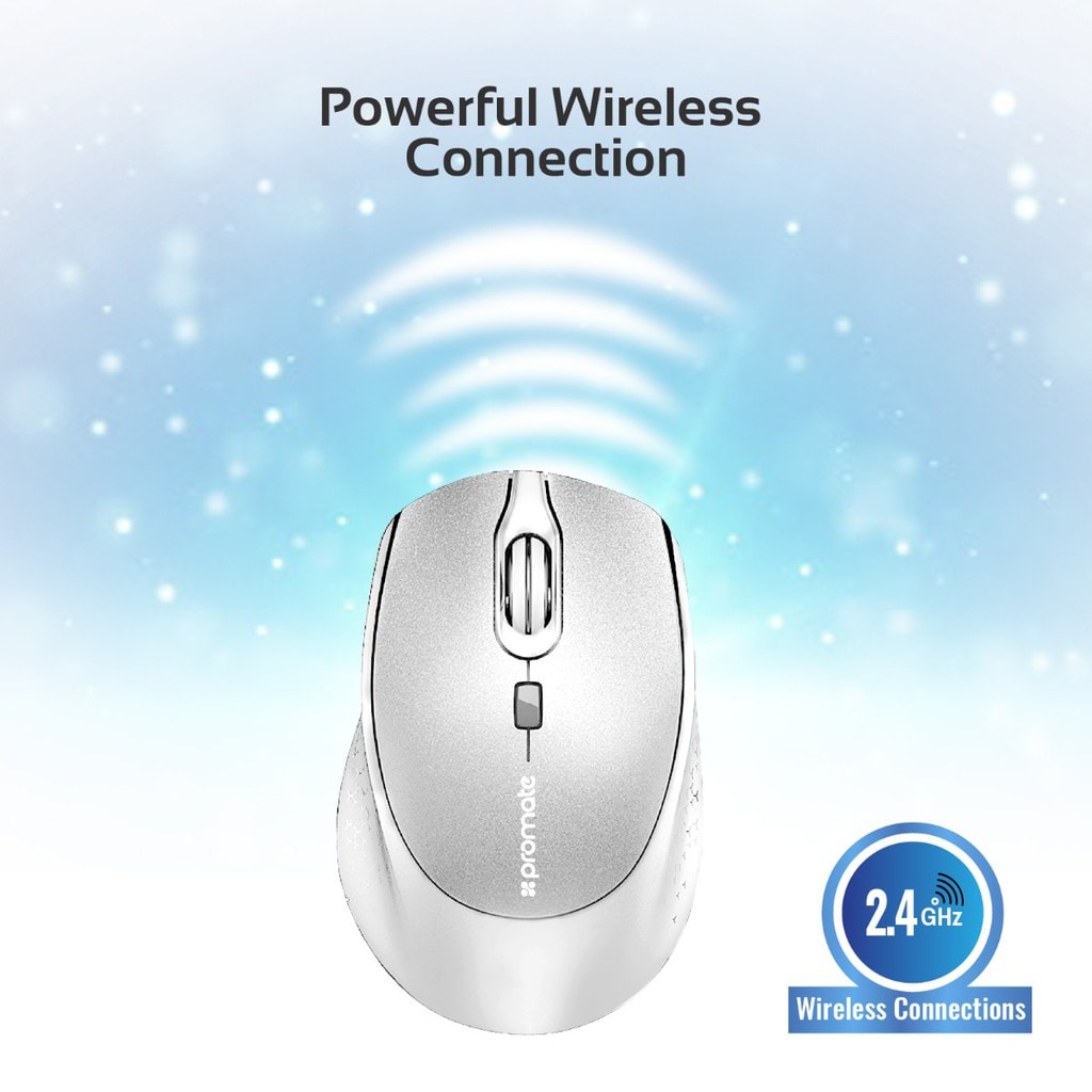 Promate Wireless Mouse, Ergonomic Lightweight 2.4Ghz Wireless Optical Mouse with USB Nano Receiver, 15m Working Ranger, Auto Sleep and Precision Scrolling for PC, Laptop, Tablet, Mac, Clix-5 White