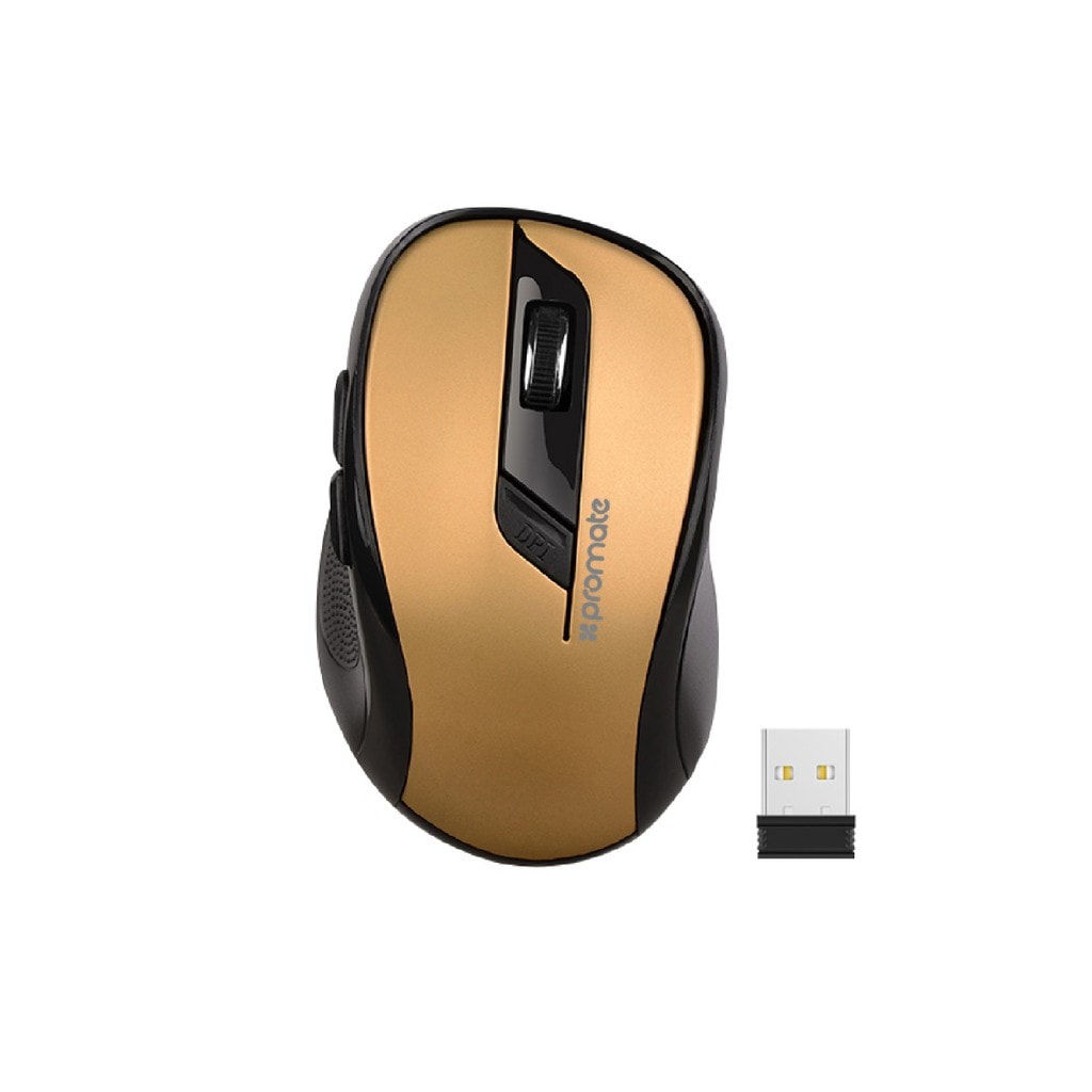 Promate Wireless Mouse, 2.4Ghz Portable Optical Wireless Mouse with USB Nano Receiver, 3 Adjustable DPI, 6 Buttons, 10m Working Range and Auto-Sleep Function for PC, Laptop, MacBook, Clix-7 Gold