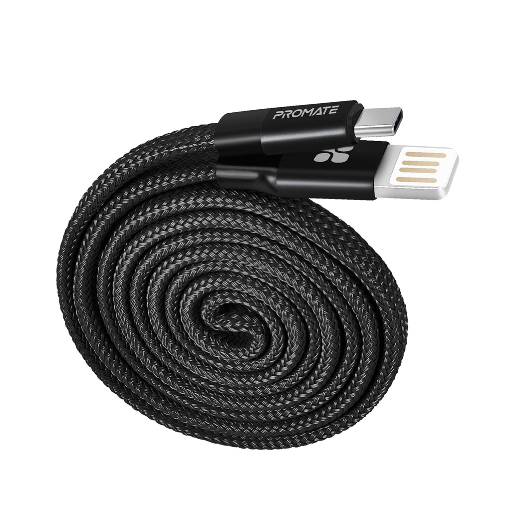 Promate Auto-Coiling USB-C Cable, Premium Fabric Braided Aluminium Alloy Reversible USB-A to Type-C Cable With 2A Fast Charge and Sync 1.2 Meter Cord for All Type-C Smartphones, Tablet, Coiline-C Black