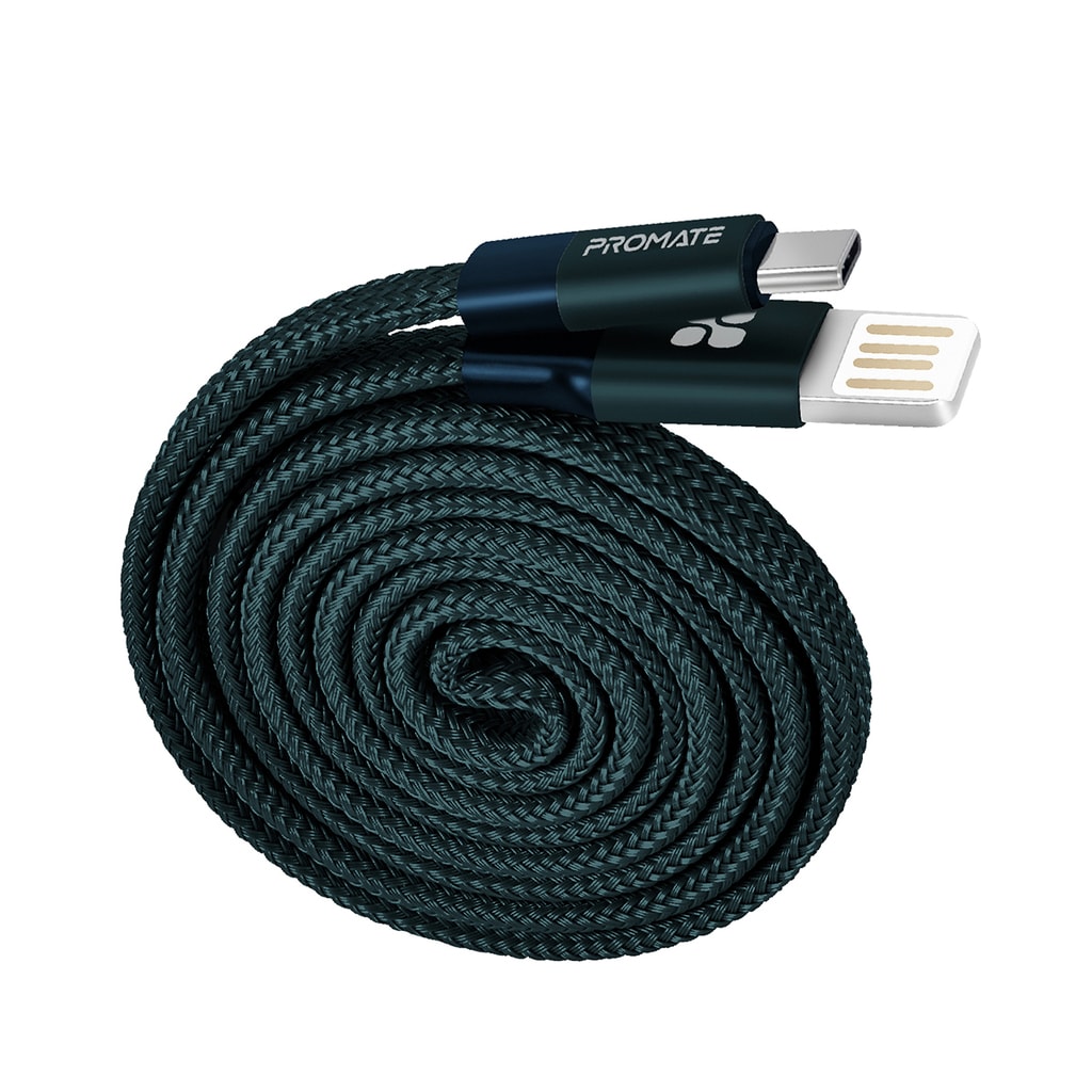 Promate Auto-Coiling USB-C Cable, Premium Fabric Braided Aluminium Alloy Reversible USB-A to Type-C Cable With 2A Fast Charge and Sync 1.2 Meter Cord for All Type-C Smartphones, Tablet, Coiline-C Blue