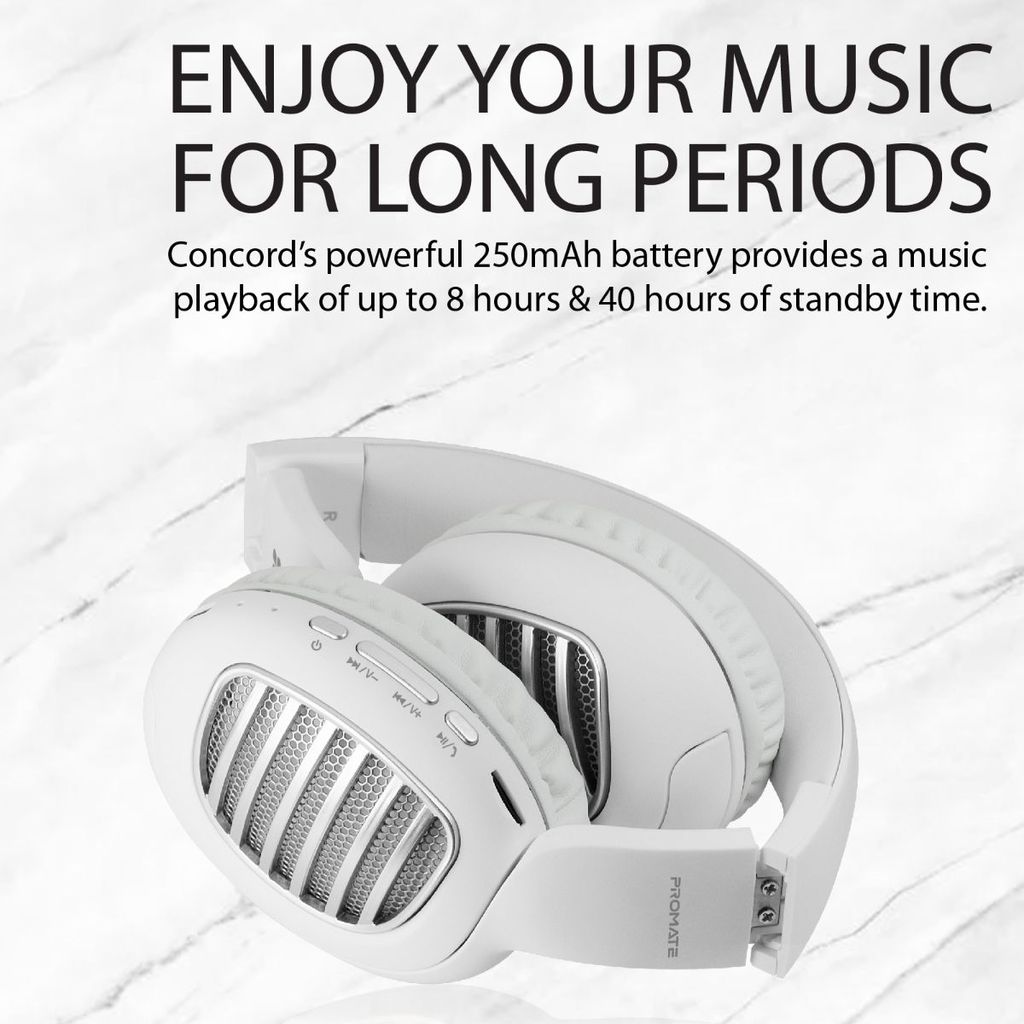 Promate Wireless Headphones, Premium Over-Ear HD Stereo Bluetooth Foldable Headphones with Built-In Mic, Passive Noise Cancellation, TF Card Slot and FM Radio for Smartphones, Tablet, PC, Concord Silver