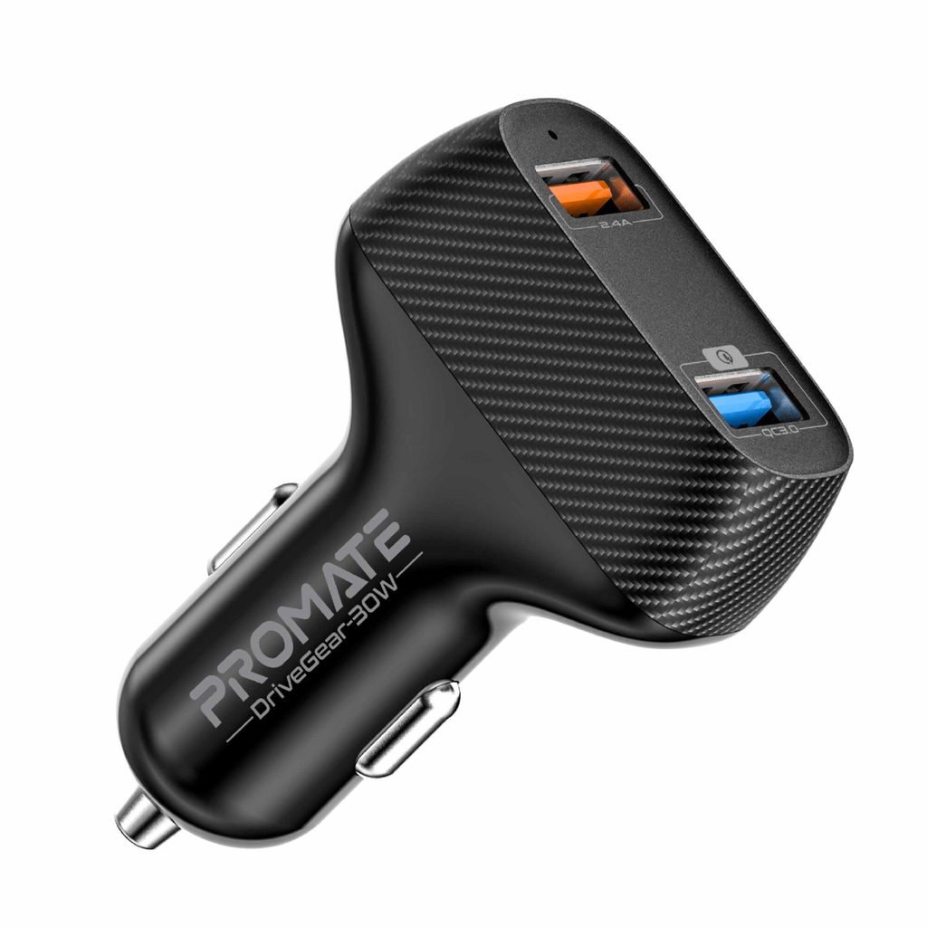 Promate Car Charger, Ultra-Fast 30W Qualcomm Quick Charge 3.0 Car Adapter with 2.4A USB Port, Adaptive Charge Technology and Over-Charge Protection for iPhone 12,iPad Pro, Galaxy S21, iPad Pro, DriveGear-30W