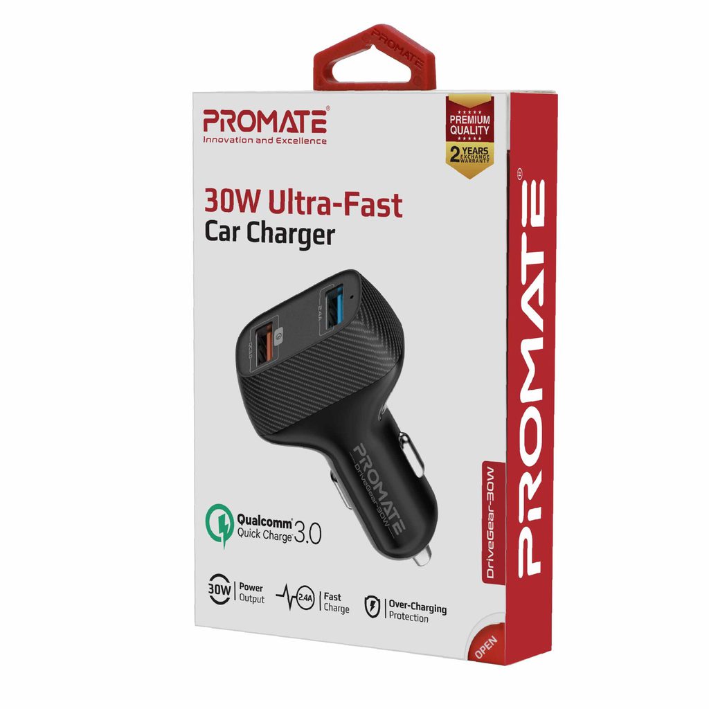 Promate Car Charger, Ultra-Fast 30W Qualcomm Quick Charge 3.0 Car Adapter with 2.4A USB Port, Adaptive Charge Technology and Over-Charge Protection for iPhone 12,iPad Pro, Galaxy S21, iPad Pro, DriveGear-30W