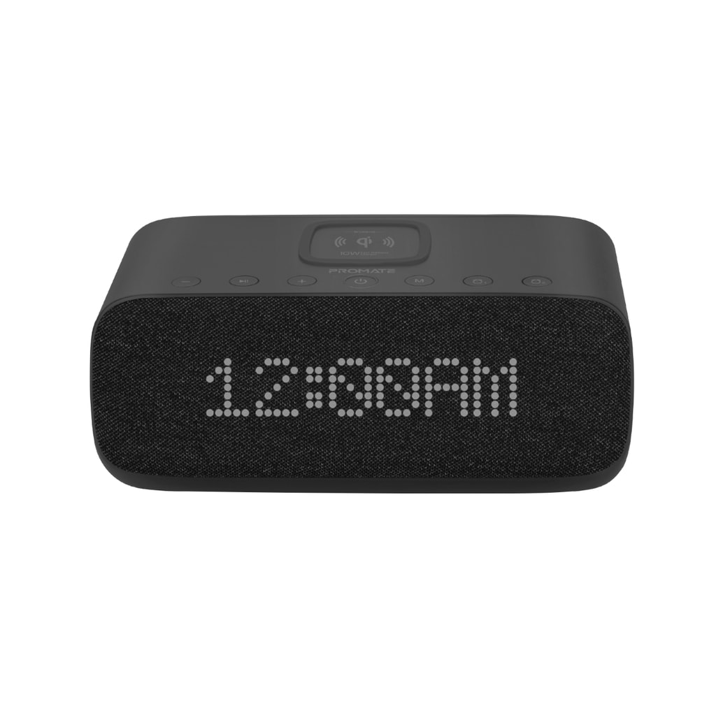 Promate Bluetooth Speaker with Qi Wireless Charger, Premium 10W HD Speaker with Digital Alarm Clock, Mic, USB Media/Charging Port, FM Radio, AUX and TF Card Slot for iPhone 12 Pro, iPad Pro, Evoke Black