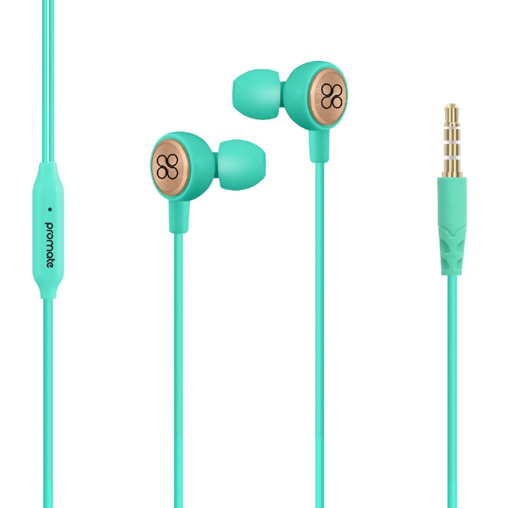 Promate Earphones, Lightweight In-Ear HD Stereo Noise Cancelling Headphones with Built-in Mic, Remote, 3.5mm Audio Jack and 1.2m Tangle Free Cord for iPhone X, Samsung S9+, Note 9, OnePlus 6, Flano Green