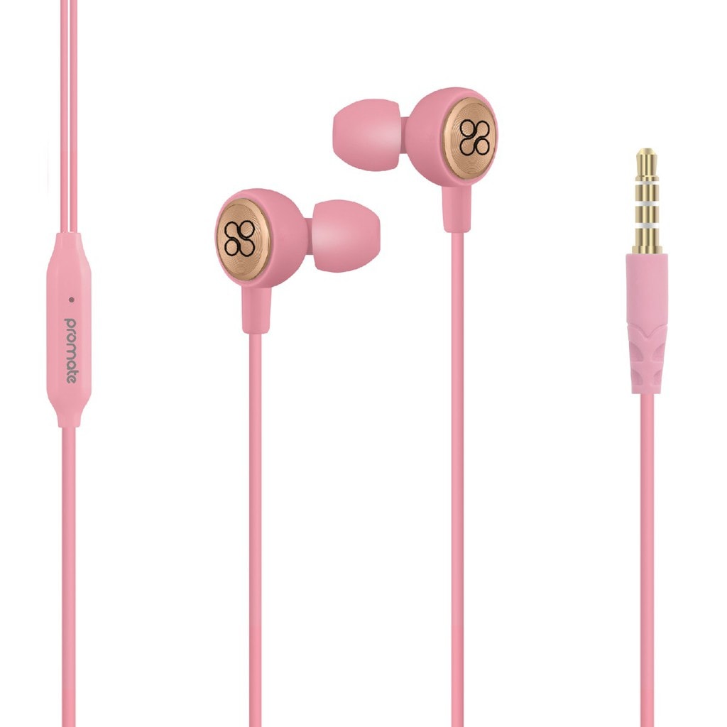 Promate Earphones, Lightweight In-Ear HD Stereo Noise Cancelling Headphones with Built-in Mic, Remote, 3.5mm Audio Jack and 1.2m Tangle Free Cord for iPhone X, Samsung S9+, Note 9, OnePlus 6, Flano Pink