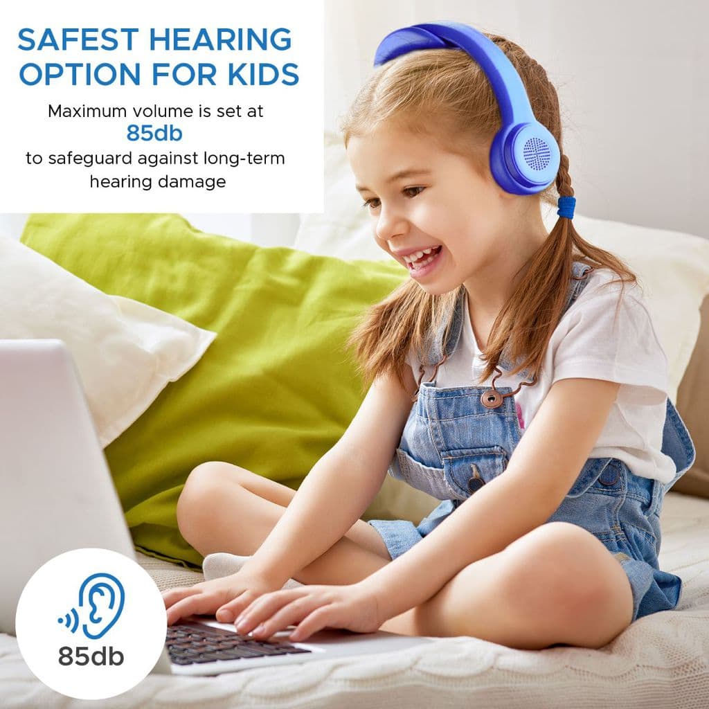 Promate Kids Bluetooth Headphones, Premium Wireless Flex-foam Stereo Headset with Volume Limiting, Soft Cushion Ear Pads and Built-In Mic for Travel, Smartphones, Music, Flexure-BT Blue