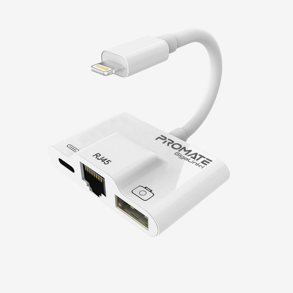 Promate Lightning Hub, 3 in 1 RJ45 Ethernet LAN Wired Network Adapter with USB OTG Camera Adapter Kit and 2A Pass-Through Charging and Syncing Adapter for iPhone XS Plus/iPad/iPad Pro, GigaLink-I White