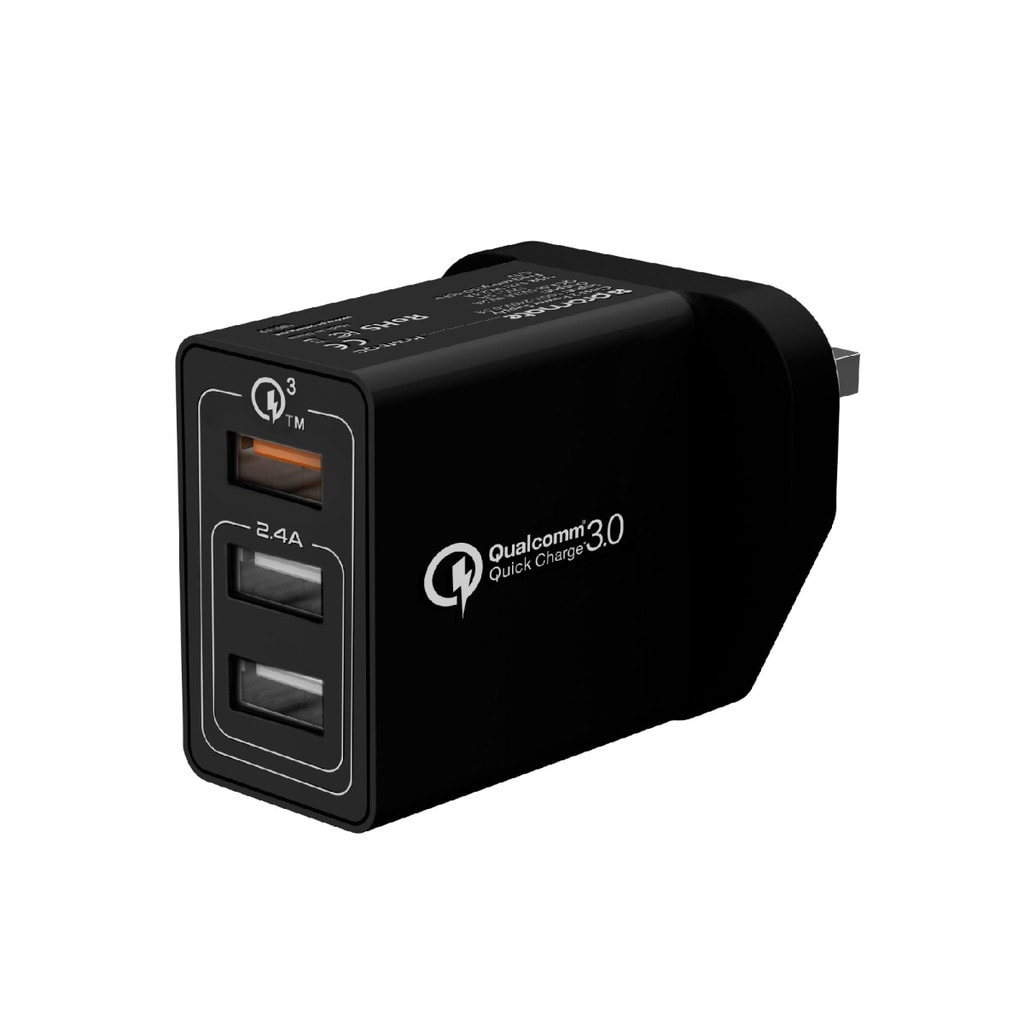 Promate Quick Charge 3.0 Wall Charger, Universal 30W 3-Port Travel USB Qualcomm QC 3.0 Charger with Ultra-Fast Dual USB Port and Automatic Voltage Regulation for Smartphones, Tablets, Kraft-QC.UK Black-UK