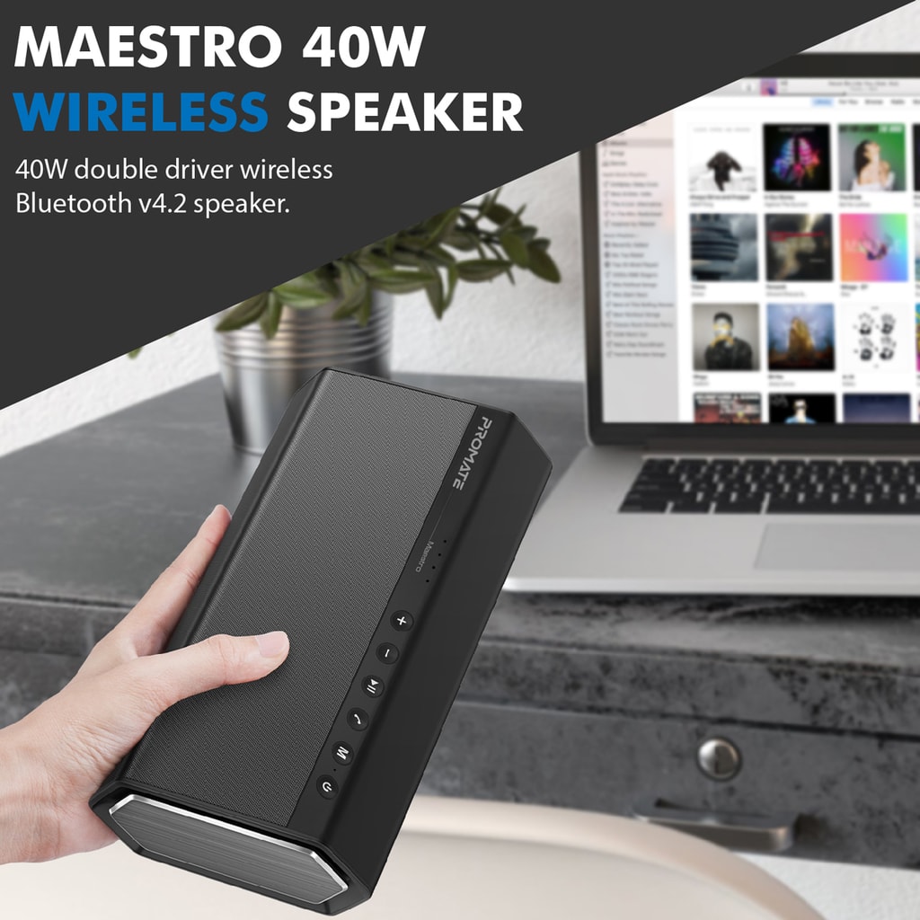 Promate Portable Wireless Speaker, Premium Stereo Sound 40W Bluetooth Speaker with Powerful 20W Subwoofer, Dual Tweeter, 3.5mm Jack, Micro SD Card Slot and Built-In Mic for Bluetooth Enabled Devices, Maestro.Black