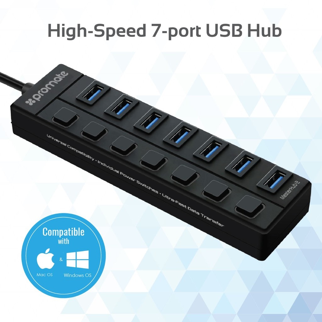 Promate USB Hub Splitter, Portable 7 Port Fast USB 3.0 Data Hub and Charging Port with Power Adapter, Individual On/Off Switches and Built-In USB 3.0 Cable for MacBook Pro, Surface Pro, Pc, Laptop, MasterHub-2