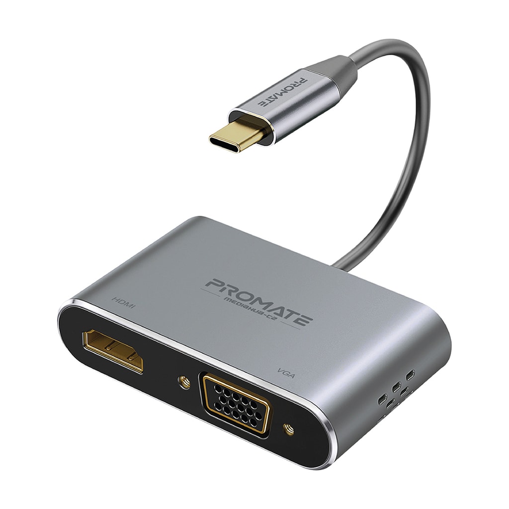Promate USB-C to VGA and HDMI Adapter, High Definition Aluminium USB-C to VGA HDMI Converter 4K Ultra HD Adapter with 1080 VGA and Dual Screen Display Support for Nintendo Switch, MacBook Pro/Air, iPad Pro, MediaHub-C2