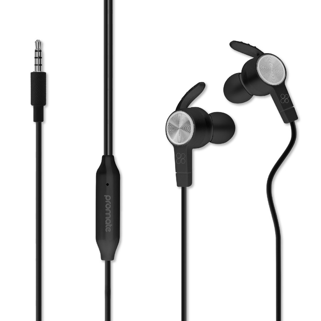 Promate Earphones, High-Quality Stereo Sports Earbuds In-Ear Magnetic Headphones with Built-In Microphone, Noise Cancelling and Tangle Free Wires for Workout, Running, Smartphones, Tablet, Nirvana Black