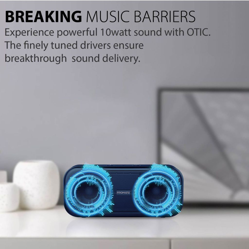Promate True Wireless Speaker, Powerful 10W Wireless Bluetooth V5.0 Stereo Speaker with Built-In Mic, 2000mAh Rechargeable Battery, USB Port, AUX and MicroSD Card Slot for Smartphones, Tablet, PC, Otic Blue