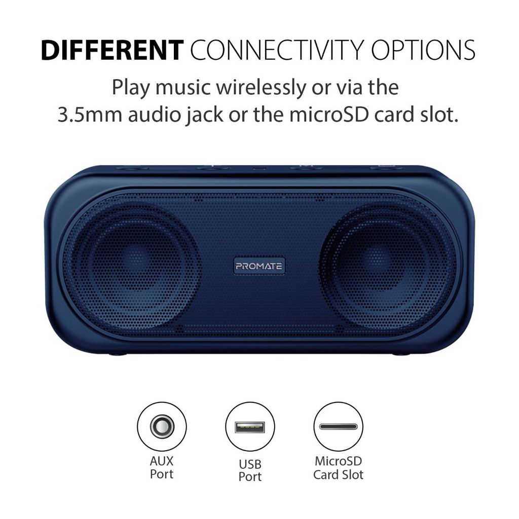 Promate True Wireless Speaker, Powerful 10W Wireless Bluetooth V5.0 Stereo Speaker with Built-In Mic, 2000mAh Rechargeable Battery, USB Port, AUX and MicroSD Card Slot for Smartphones, Tablet, PC, Otic Blue