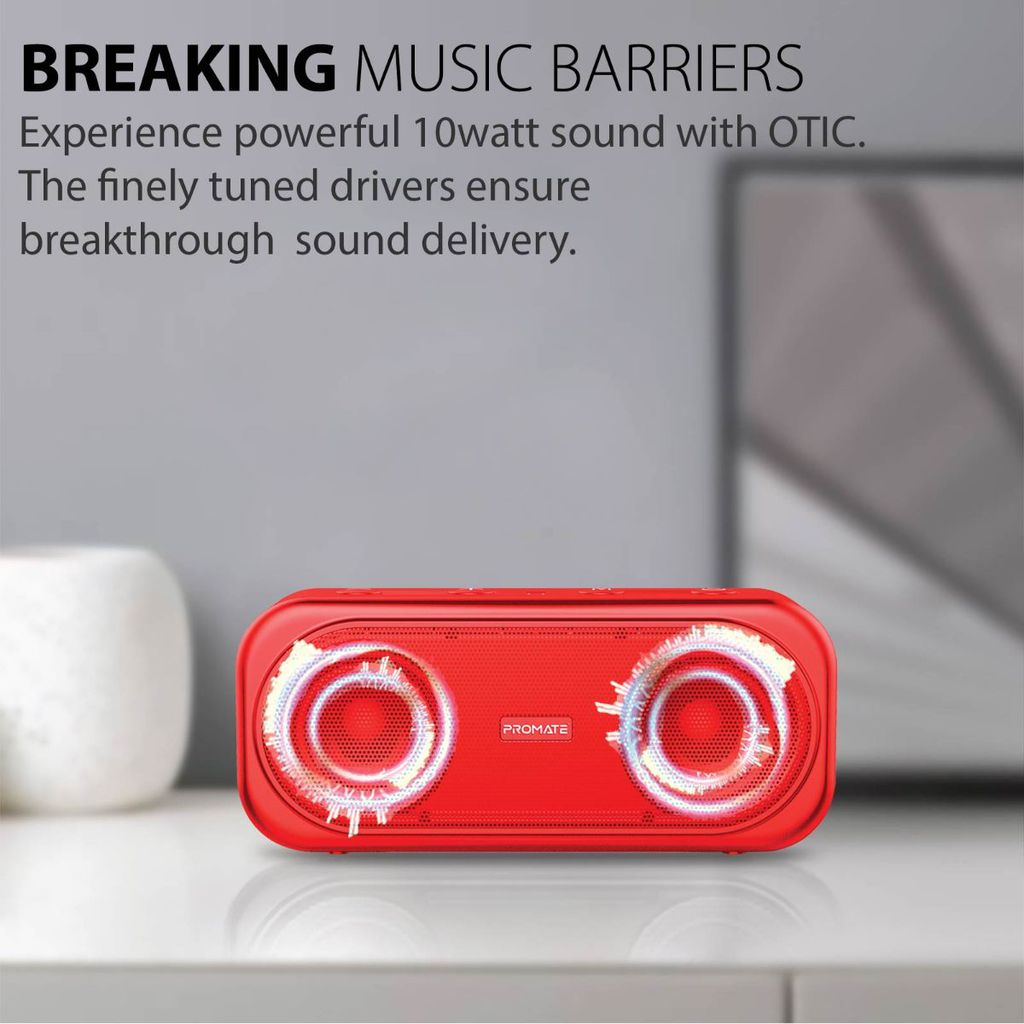 Promate True Wireless Speaker, Powerful 10W Wireless Bluetooth V5.0 Stereo Speaker with Built-In Mic, 2000mAh Rechargeable Battery, USB Port, AUX and MicroSD Card Slot for Smartphones, Tablet, PC, Otic Red