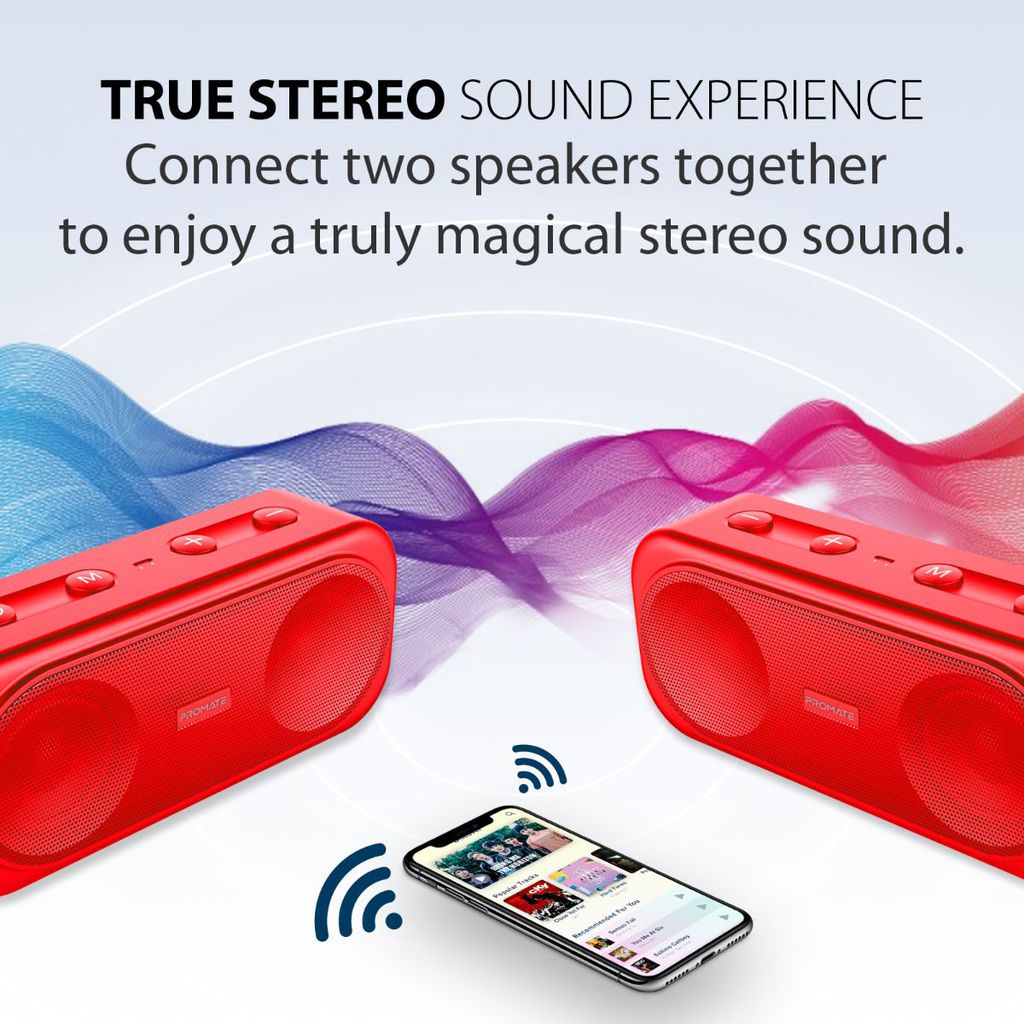 Promate True Wireless Speaker, Powerful 10W Wireless Bluetooth V5.0 Stereo Speaker with Built-In Mic, 2000mAh Rechargeable Battery, USB Port, AUX and MicroSD Card Slot for Smartphones, Tablet, PC, Otic Red