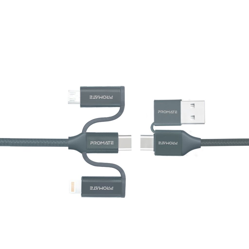 Promate 6-In-1 Multi Charging Cable, Premium Hybrid 20V 3A Lightning, USB-C, Micro USB Connectors to USB-A and USB-C Fast Sync Charging Cable Data Cord with 60W Type-C to Type-C Power Delivery Cable, PentaPower Grey