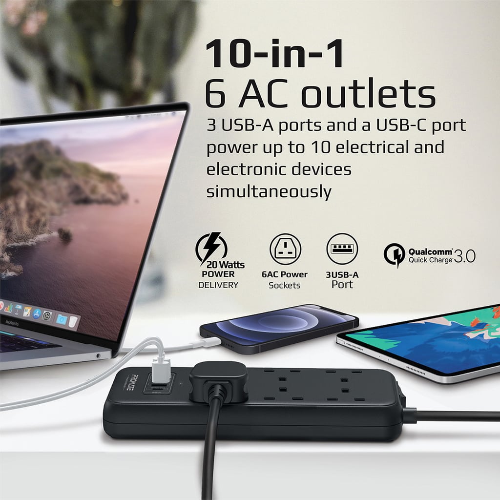Promate Power Strip with USBC Port, Heavy Duty 10in1 Charging