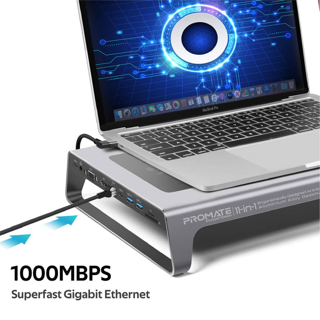 Promate USBC Laptop Docking Station Monitor Stand, 11in1 Aluminium
